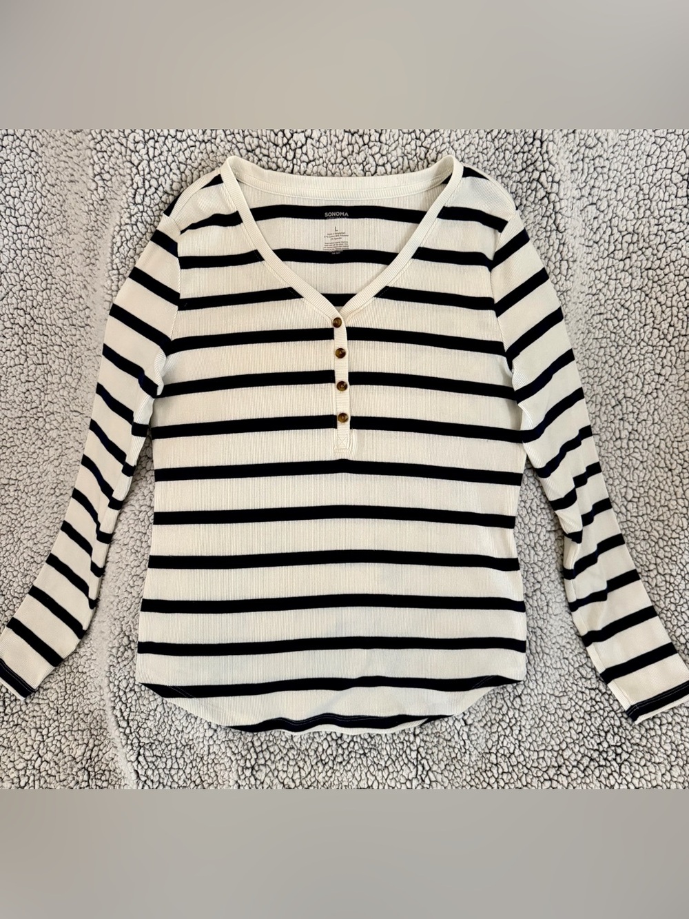 Sonoma Striped Henley Top in Dark Blue and Cream